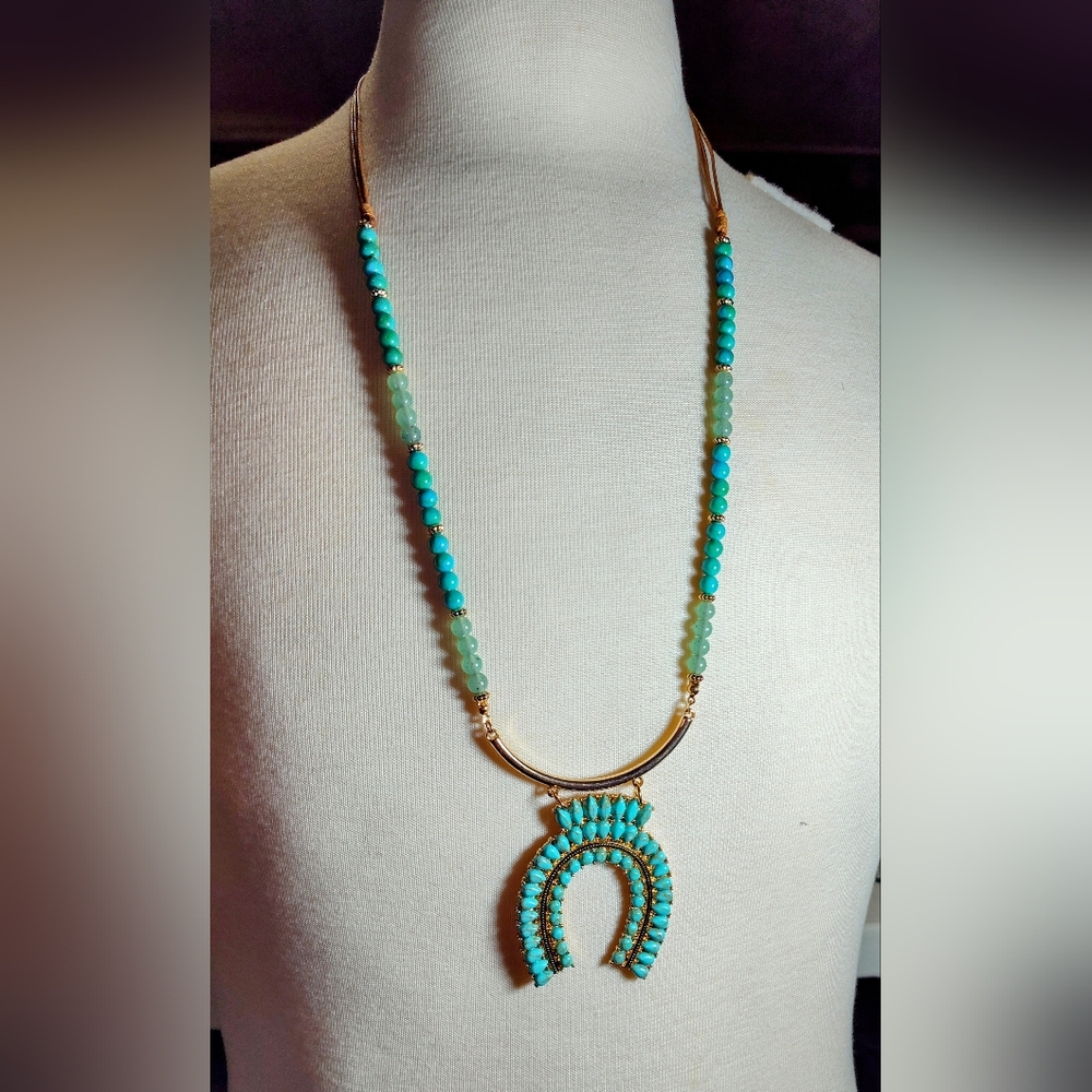 Turquoise Gold long Squash Blossom Necklace NWOT